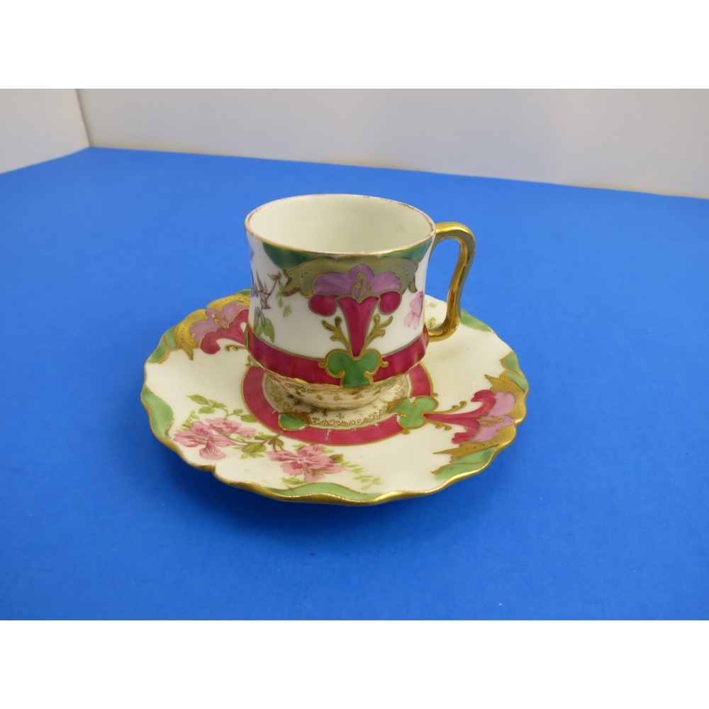 Antique Biarritz Limoges SW France Ornate Handpainted Mini Cup and Saucer Set